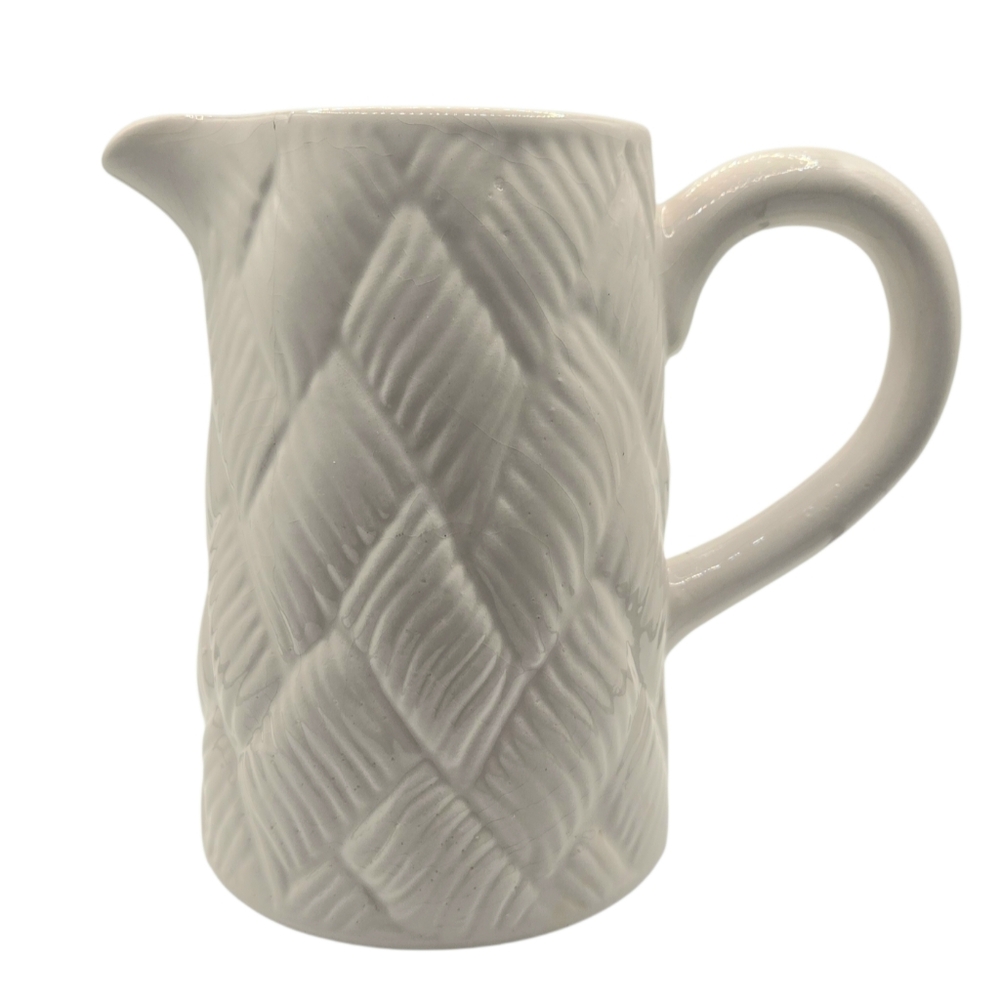 Vintage White Ceramic Quilt Pattern Medium Pitcher W/Handle Country Style Decor